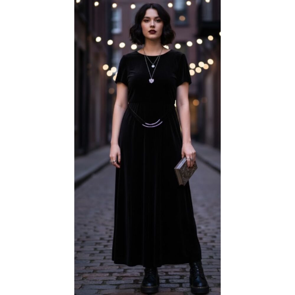 Vintage Giorgio Fiorlini Black Velvet‎ Dual Silver Belted Maxi Dress Size 15/16